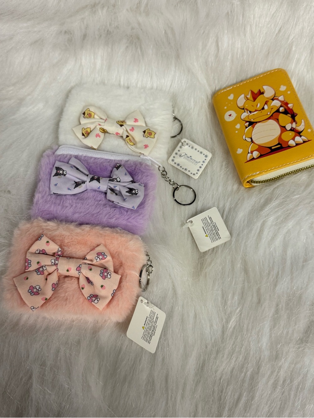 Kids Plush Bow Coin Purse Keychain - Pink, Purple, White